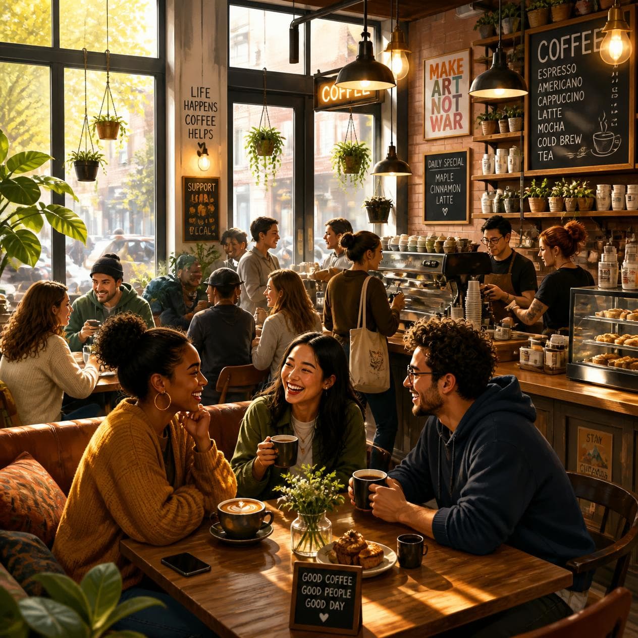 Gente conversando de forma natural en una cafetería